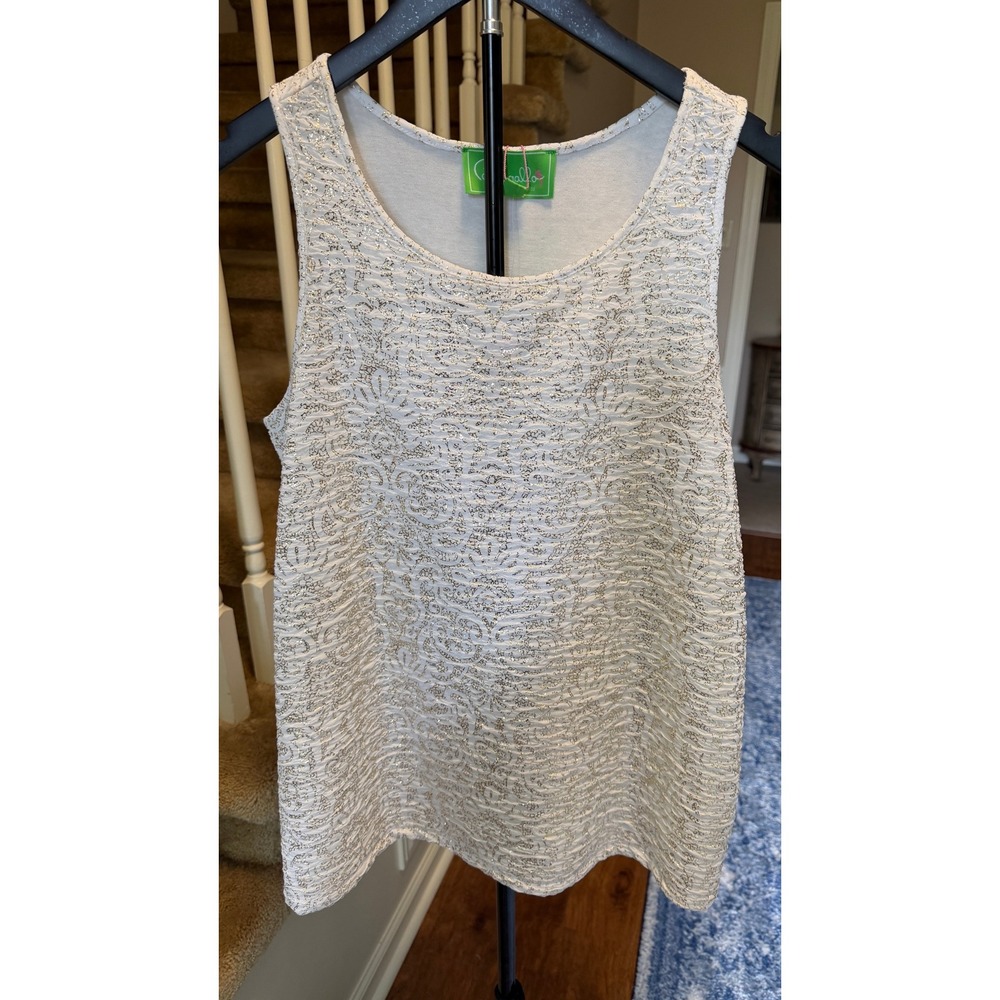 Pappagallo Womens Metallic Gold White Jacquard Tank Top Scoop Neck NWT Medium